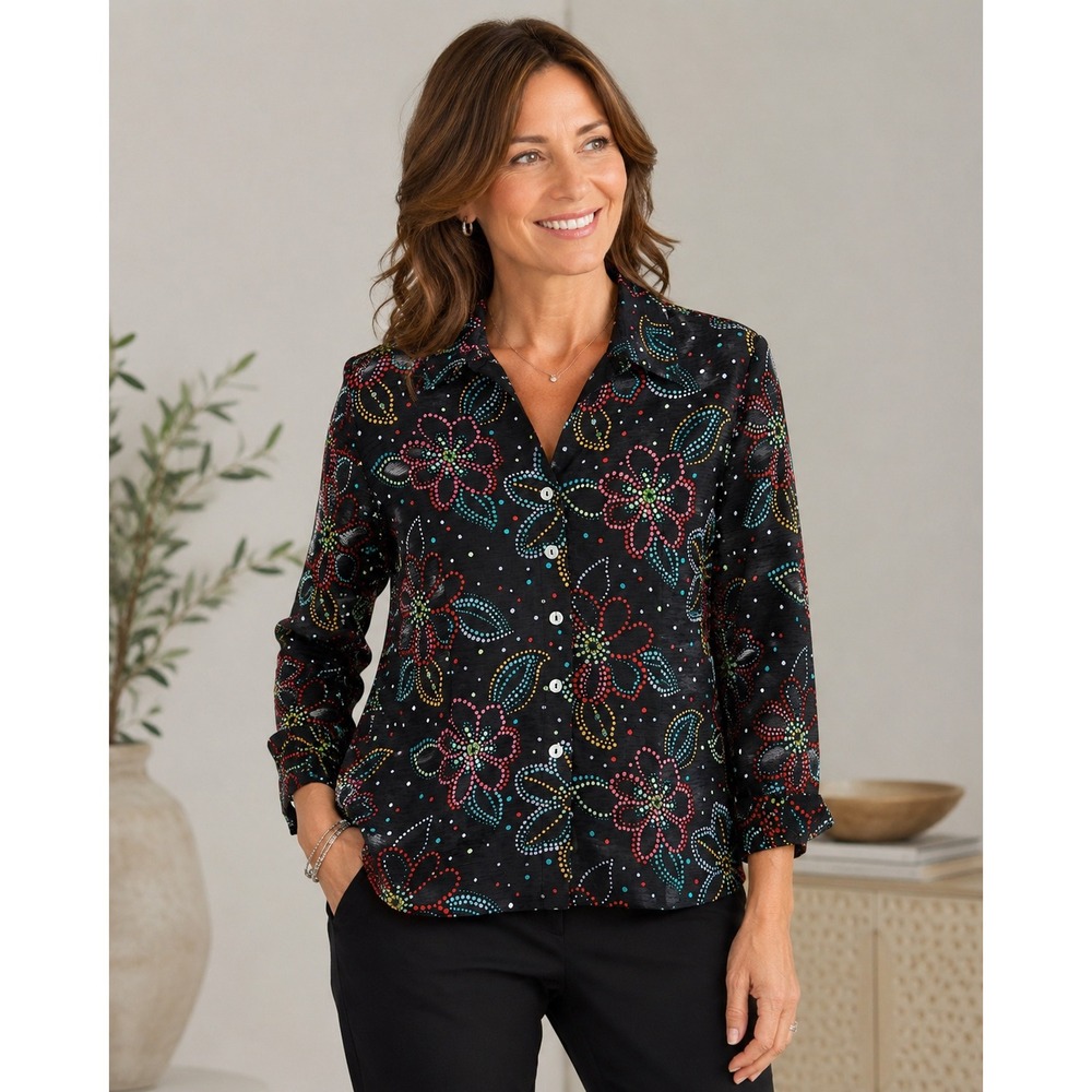Silk‎ Land Womens Black Floral Dot Sequin Silk Button Front Shirt Blouse Size M